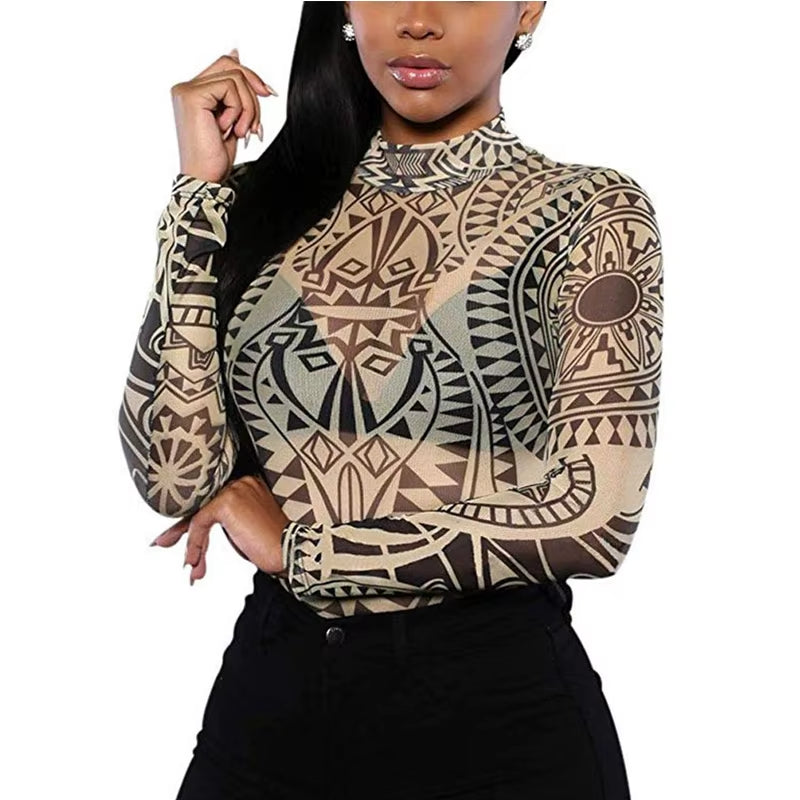 Vintage Totem Print Rompers Women Long Sleeve Stretch Tutleneck Bodysuit Romper Womens Leotard Tops