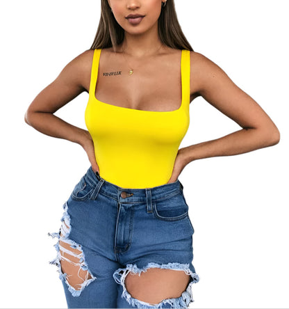 Black Minimalist Highstreet Solid Slim Fitted Halter round Neck Skinny Summer Bodysuit Women Sexy Streetwear Bodysuits