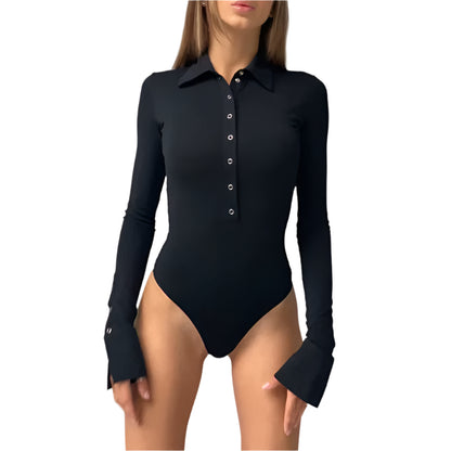 Chic Black Long Sleeve Bodysuit with Turndown Collar - Sexy Skinny Fit for Women