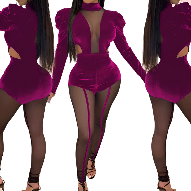 Autumn Sexy Full Sleeve Velvet Bodycon Bodysuit and Long Pants Solid Mesh Patchwork Fashion Party Club Outfits 2 Pcs Suits