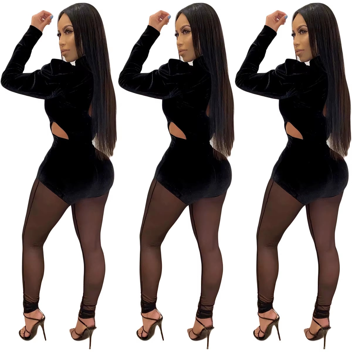 Autumn Sexy Full Sleeve Velvet Bodycon Bodysuit and Long Pants Solid Mesh Patchwork Fashion Party Club Outfits 2 Pcs Suits