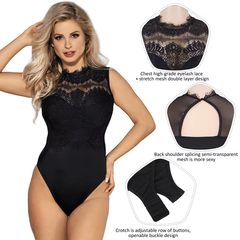 Curvy Lace Bodysuit Sleeveless Buckle Body Femme Romper Short Women 5XL Sexy Cut Out Teddy Lingerie Mock Neck Bodycon Bodysuits