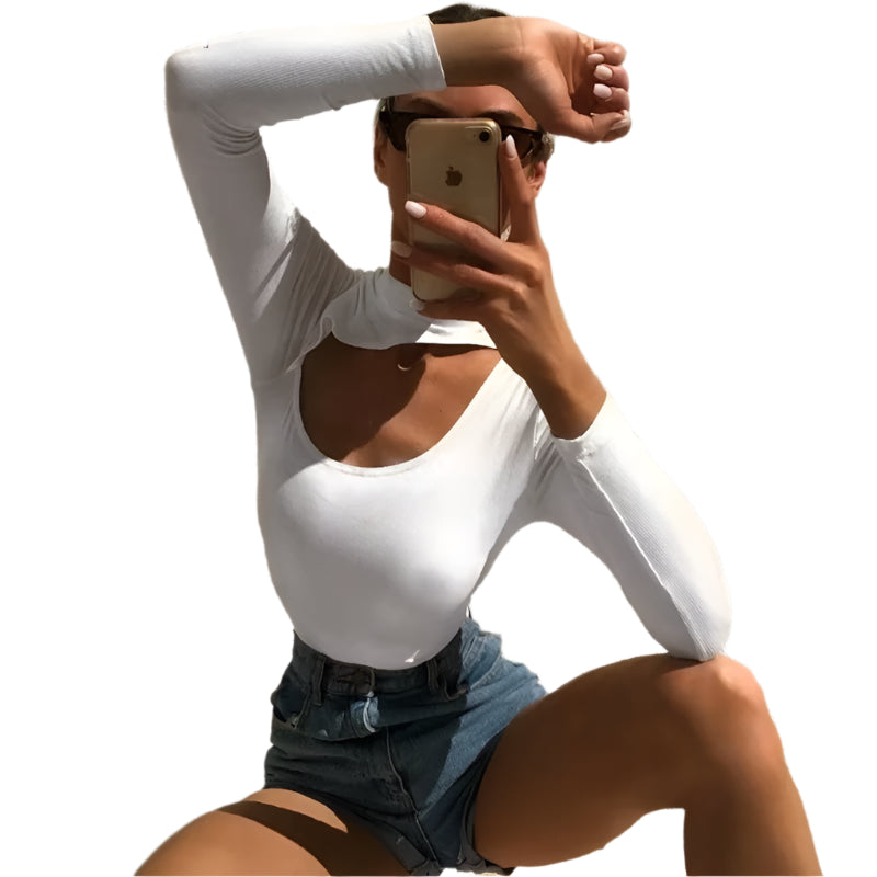 Skinny Chest Hollow Out Sexy Women Bodysuit Solid O Neck Long Sleeve Bodycon Rompers Jumpsuit Casual Basic White Bodysuit Top