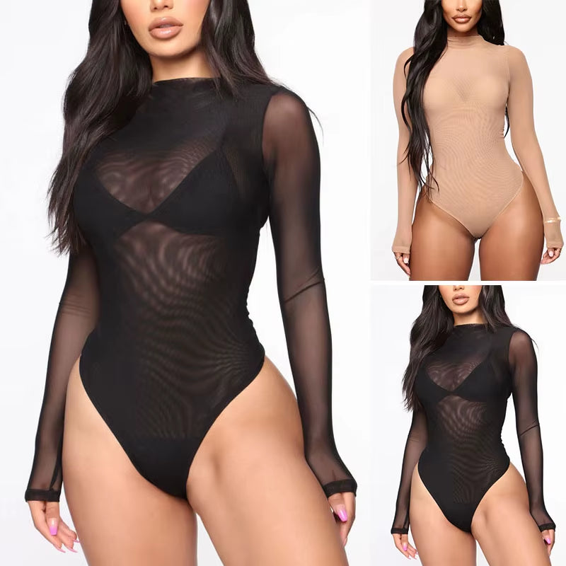 2022 Woman See through Open Crotch Underwear Mesh Transparent Thong Bodysuit Jumpsuit Long Sleeve Bodysuit Lingerie Nightwear