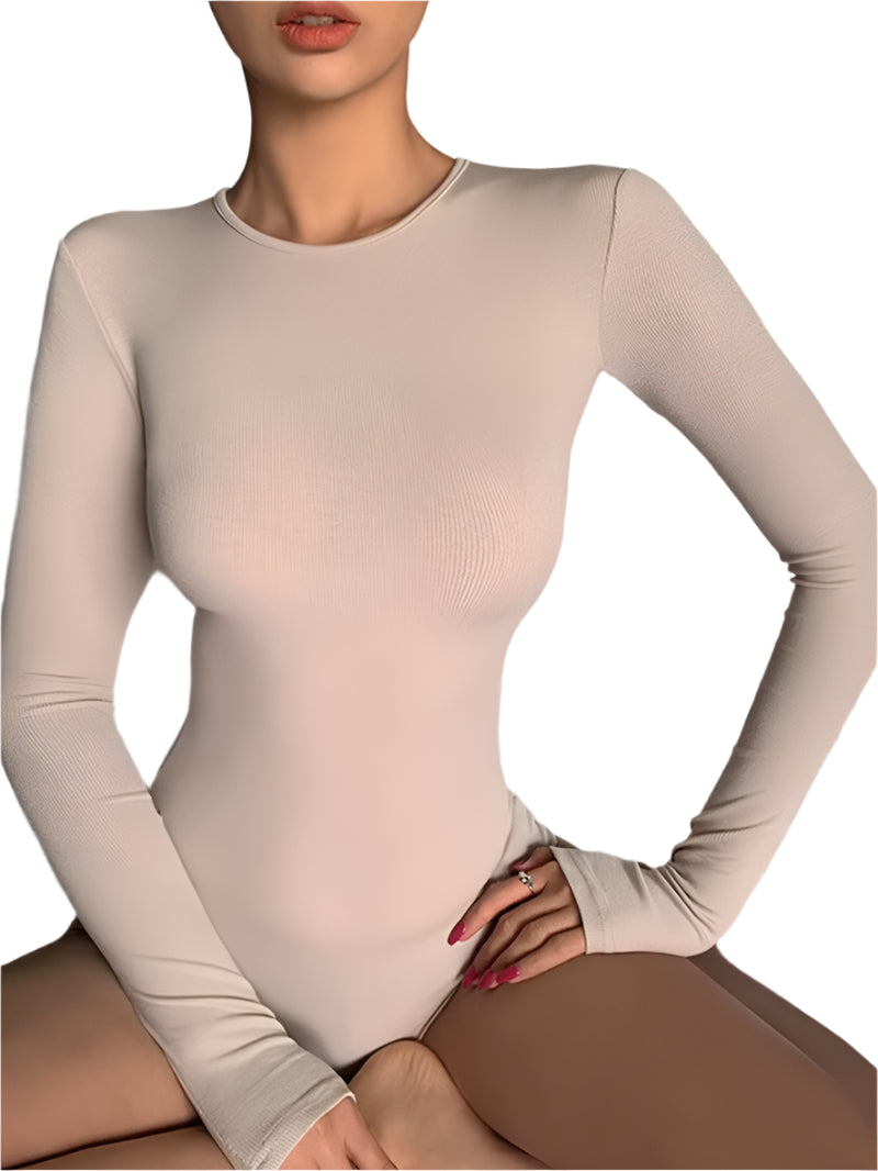 Slim Ladies Sexy Bodysuit Solid Fashion Skinny Bodycon Women Bodysuit Long Sleeveles O-Neck Casual Black Beige Female Bodysuit