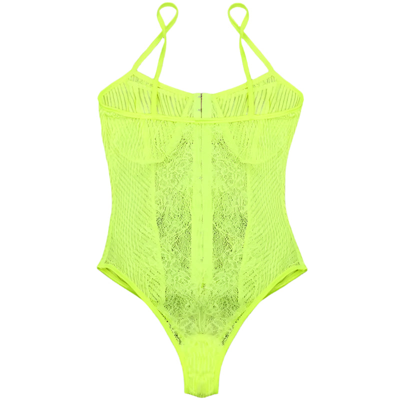 Newest Women Neon Green Orange Stripe Lace Bodysuit One Piece Sheer Sexy Floral Embroidery Playsuit Night Out Outfits Party