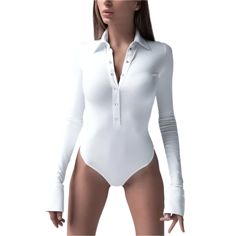 Chic Black Long Sleeve Bodysuit with Turndown Collar - Sexy Skinny Fit for Women