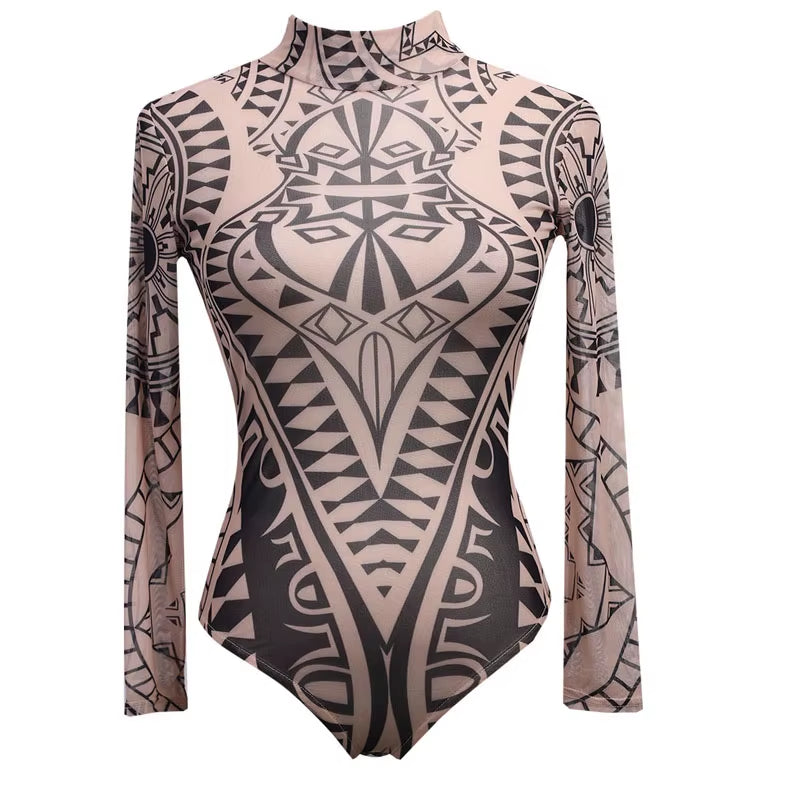 Vintage Totem Print Rompers Women Long Sleeve Stretch Tutleneck Bodysuit Romper Womens Leotard Tops