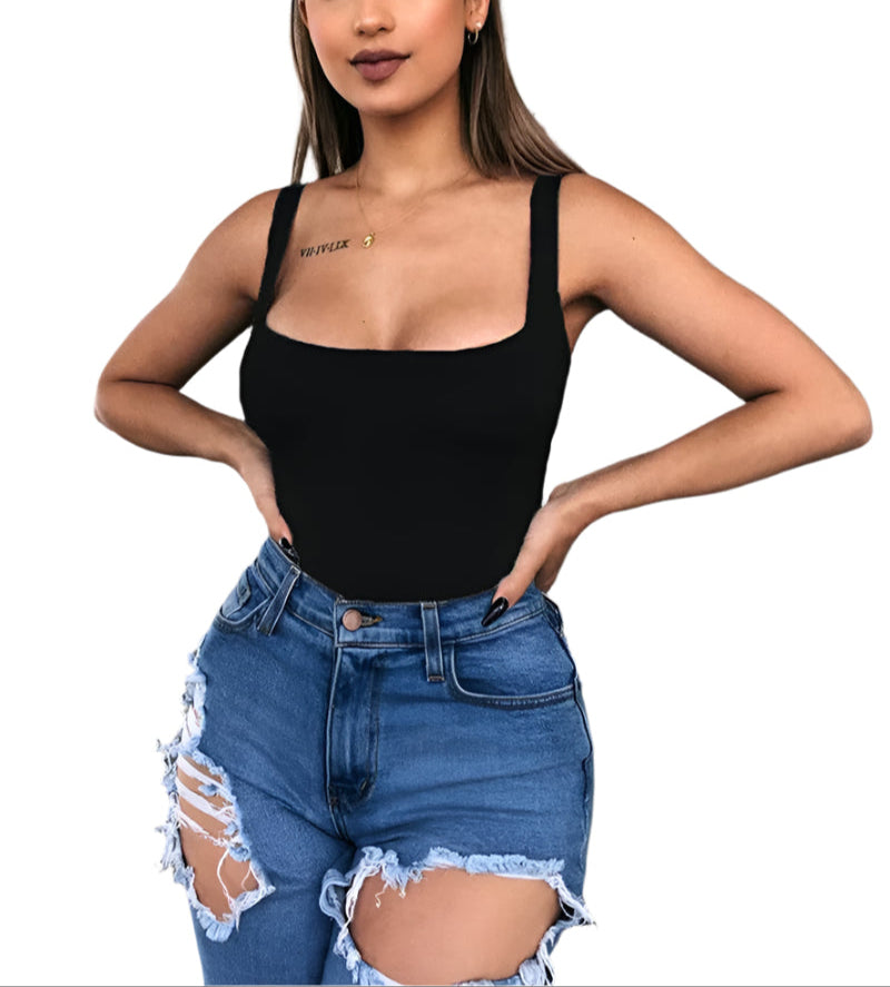 Black Minimalist Highstreet Solid Slim Fitted Halter round Neck Skinny Summer Bodysuit Women Sexy Streetwear Bodysuits