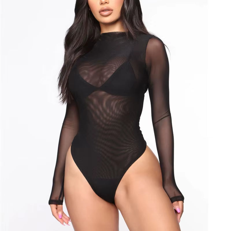 2022 Woman See through Open Crotch Underwear Mesh Transparent Thong Bodysuit Jumpsuit Long Sleeve Bodysuit Lingerie Nightwear