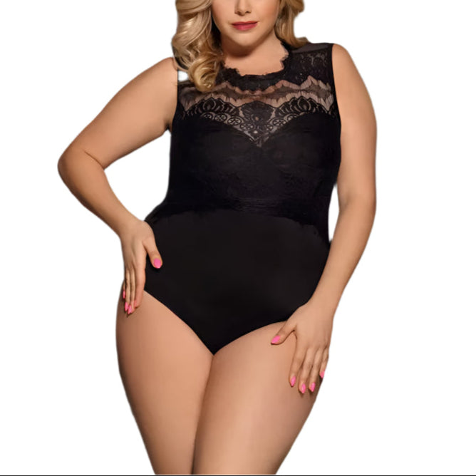 Curvy Lace Bodysuit Sleeveless Buckle Body Femme Romper Short Women 5XL Sexy Cut Out Teddy Lingerie Mock Neck Bodycon Bodysuits