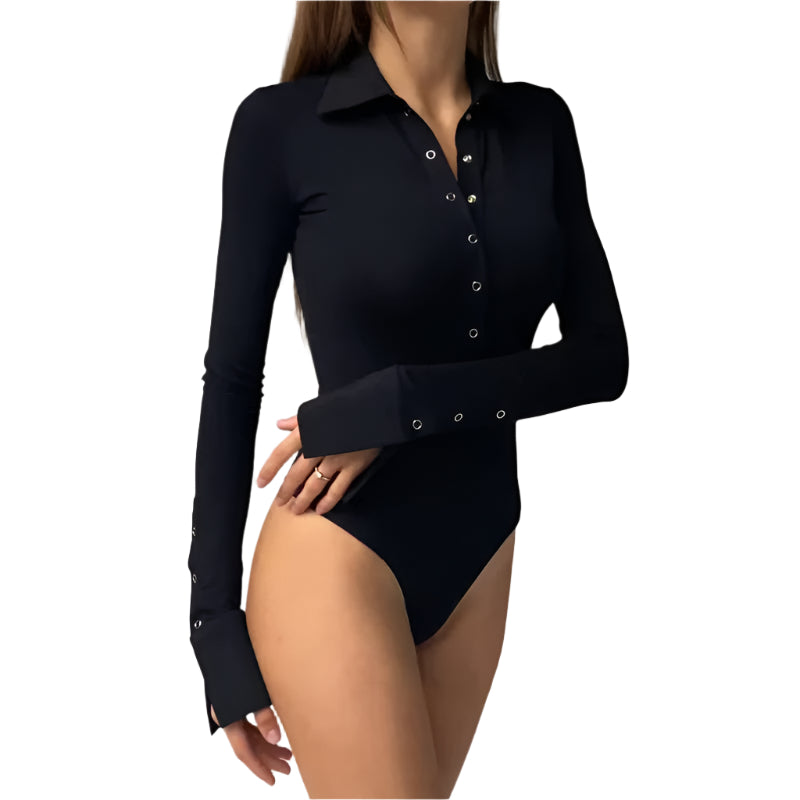 Chic Black Long Sleeve Bodysuit with Turndown Collar - Sexy Skinny Fit for Women