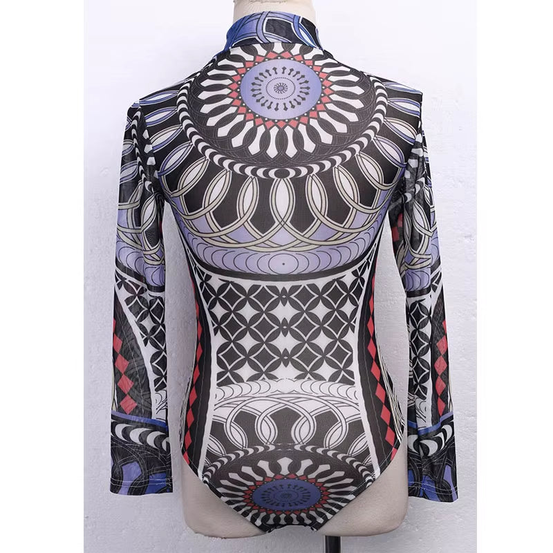 Vintage Totem Print Rompers Women Long Sleeve Stretch Tutleneck Bodysuit Romper Womens Leotard Tops