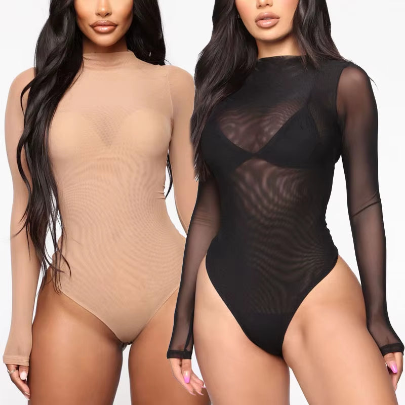 2022 Woman See through Open Crotch Underwear Mesh Transparent Thong Bodysuit Jumpsuit Long Sleeve Bodysuit Lingerie Nightwear