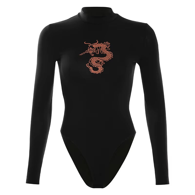 Dragon Printed Goth Long Sleeve Black Bodysuit Women Sexy Black Bodycon Romper Bodysuits Spring Autumn O-Neck Bodysuit Y2K Top