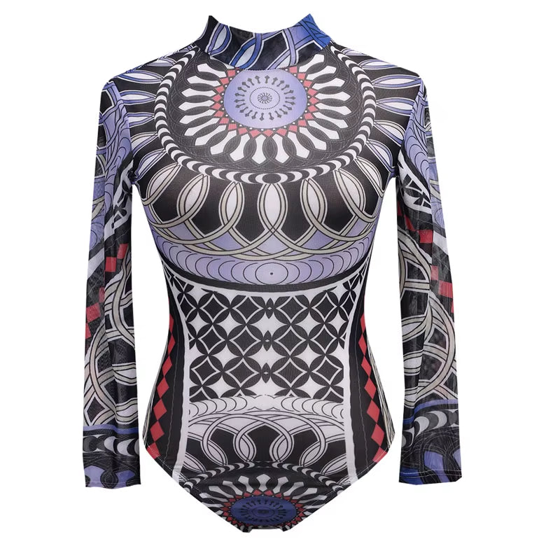 Vintage Totem Print Rompers Women Long Sleeve Stretch Tutleneck Bodysuit Romper Womens Leotard Tops