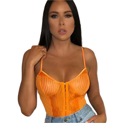 Newest Women Neon Green Orange Stripe Lace Bodysuit One Piece Sheer Sexy Floral Embroidery Playsuit Night Out Outfits Party