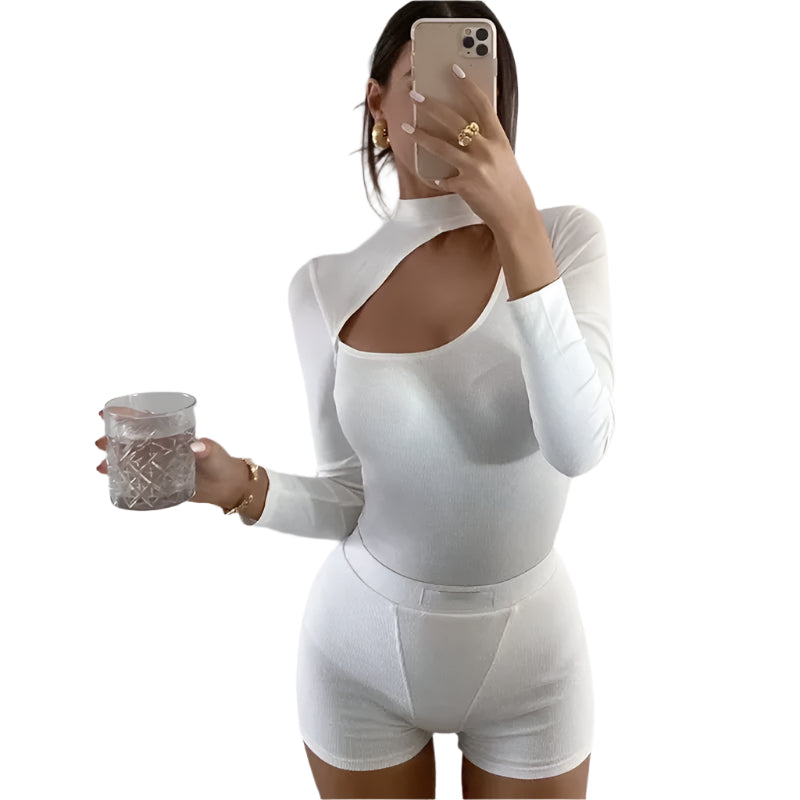 Skinny Chest Hollow Out Sexy Women Bodysuit Solid O Neck Long Sleeve Bodycon Rompers Jumpsuit Casual Basic White Bodysuit Top