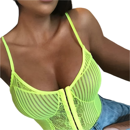 Newest Women Neon Green Orange Stripe Lace Bodysuit One Piece Sheer Sexy Floral Embroidery Playsuit Night Out Outfits Party