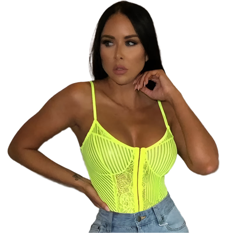 Newest Women Neon Green Orange Stripe Lace Bodysuit One Piece Sheer Sexy Floral Embroidery Playsuit Night Out Outfits Party